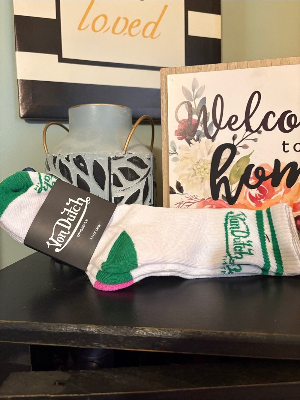 Von Dutch White Socks with Green and Pink Accents